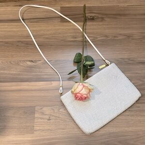 Whiting & Davis Large Metal Mesh White Vintage Zip Top Shoulder Crossbody Purse
